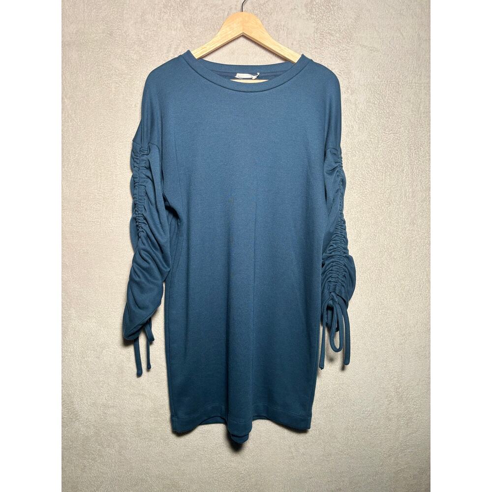 Lush Anthropologie Blue Long Sleeve Sweater Dress Ruched Arms Womens Size Large